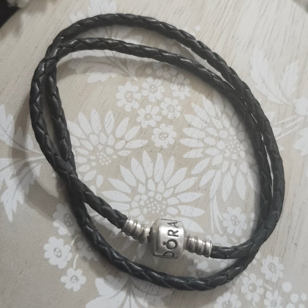 Pandora Sterling Silver Black Leather Double Wrap Charm Bracelet
